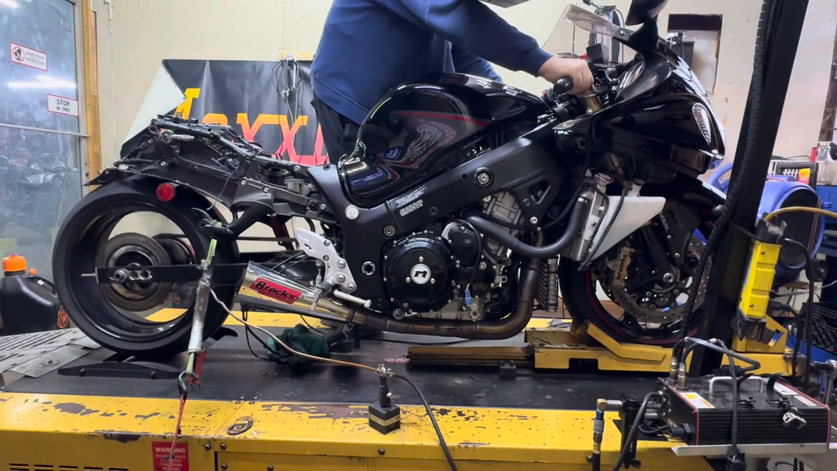 Suzuki Hayabusa secured on a motorcycle dynamometer during a tuning session